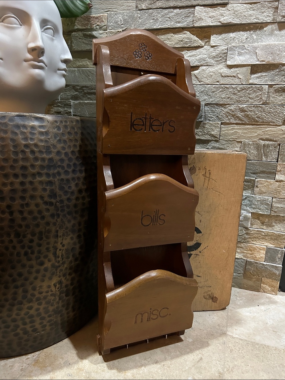 vintage 1970s  wooden wall-mounted mail and bill organizer and key holder